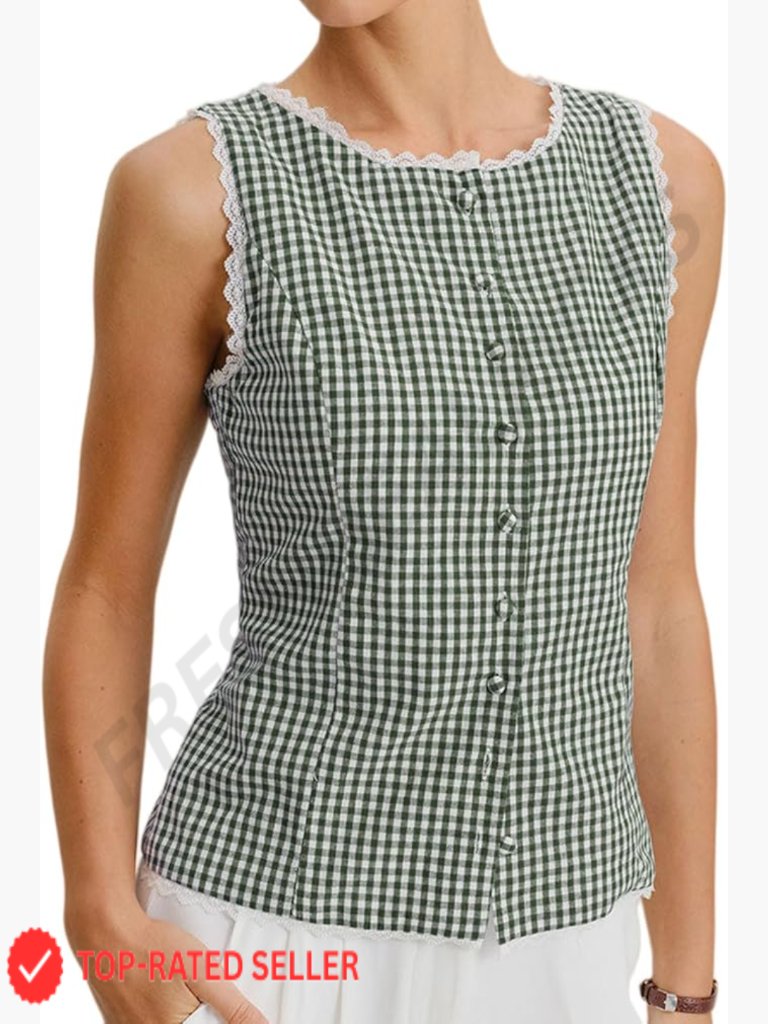 Brown Plaid Sleeveless Button Down Blouse - Lace Trim Fitted Waist Business